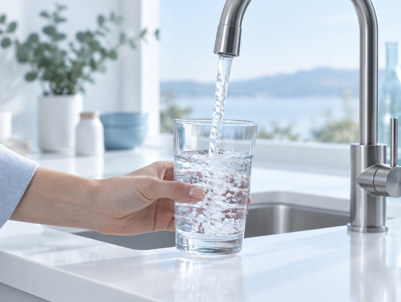 A glass filling at the kitchen tap