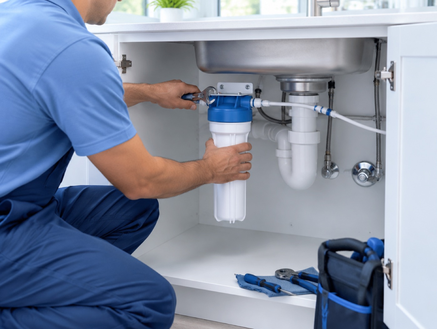 A technician fitting a filter housing under a sink