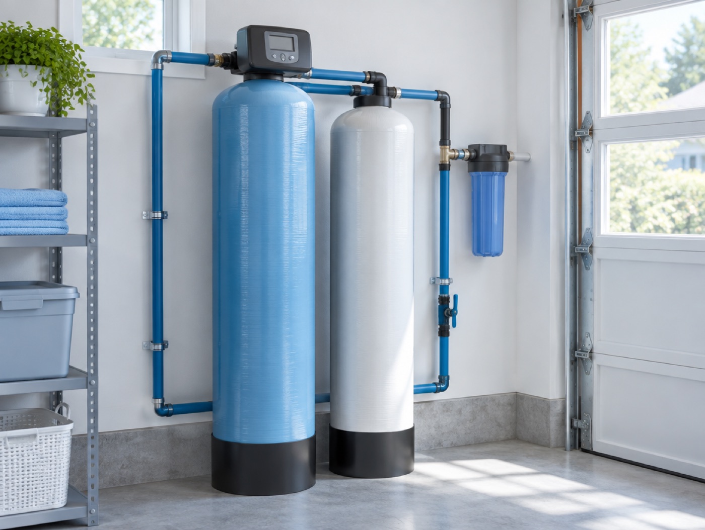 A two-tank whole-house system in a garage
